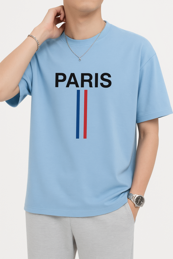 Trendy Drop Shoulder Paris T-Shirt in Sky Blue