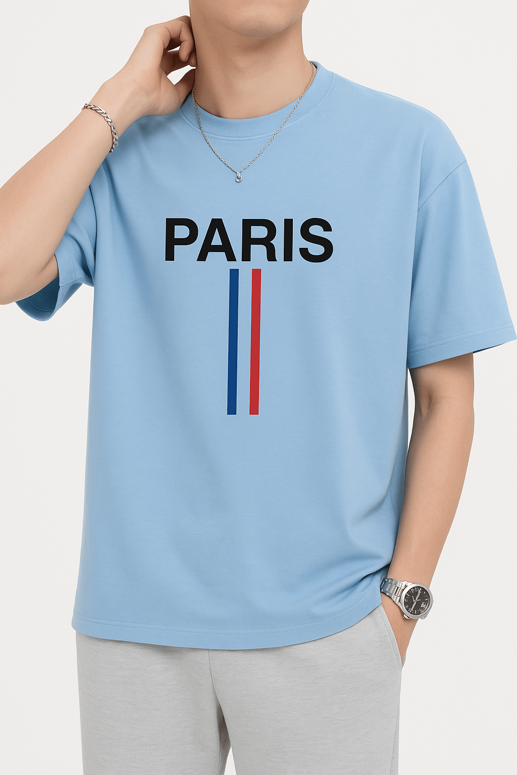 Trendy Drop Shoulder Paris T-Shirt in Sky Blue